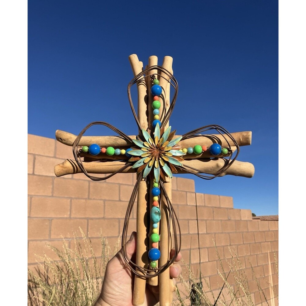 Handcrafted Southwestern Wood Cross Wall Decor Metal Flower Beads 15”x12”